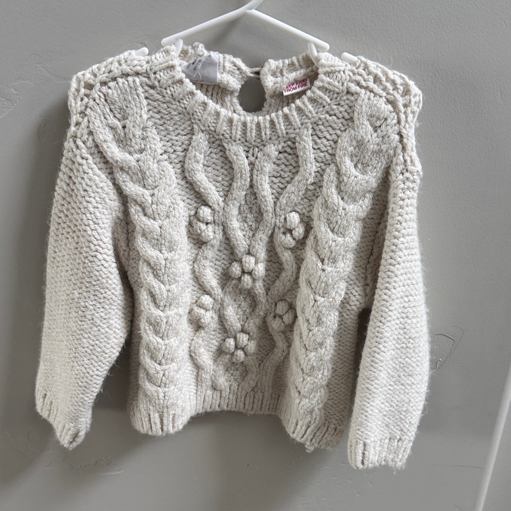 Zara Neutral Cream Cable & Bobble Knit Crew Sweater